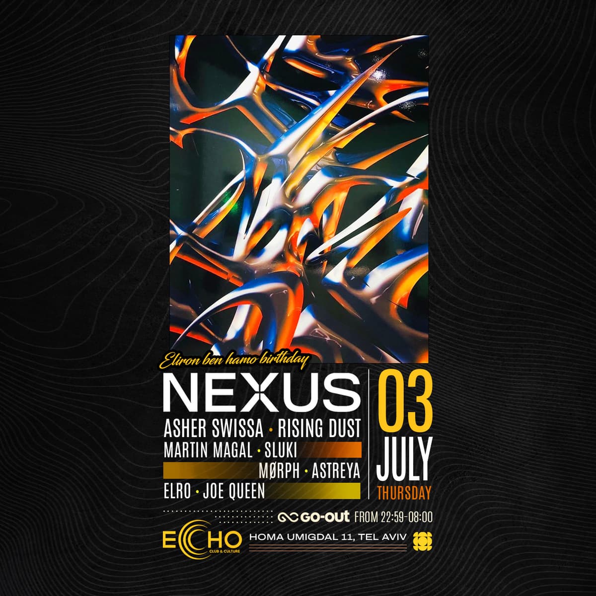כרטיסים Thursday 3.7 ECHO // NEXUS | GO-OUT